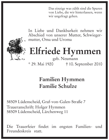 Todesanzeige von Elfriede Hymmen von WESTFÄLISCHER ANZEIGER