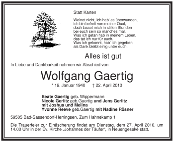 Todesanzeige von Wolfgang Gaertig von WESTFÄLISCHER ANZEIGER