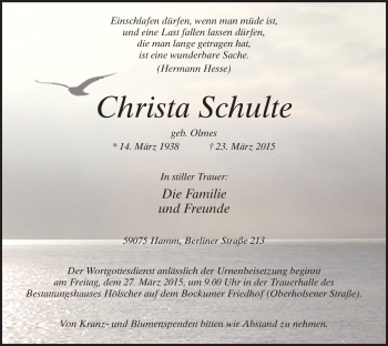 Todesanzeige von Christa Schulte von MZV