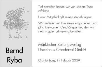 Todesanzeige von Bernd Ryba von WESTFÄLISCHER ANZEIGER