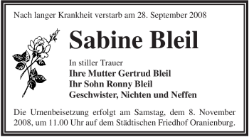 Todesanzeige von Sabine Bleil von WESTFÄLISCHER ANZEIGER