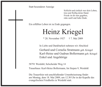 Todesanzeige von Heinz Kriegel von WESTFÄLISCHER ANZEIGER