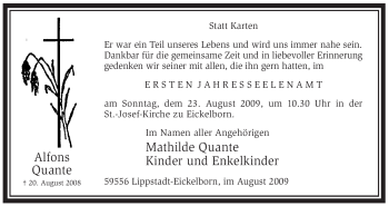 Todesanzeige von Alfons Quante von WESTFÄLISCHER ANZEIGER