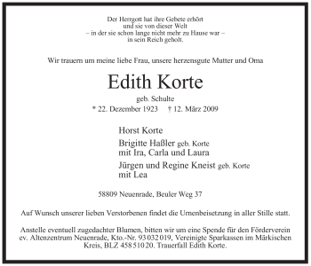 Todesanzeige von Edith Korte von WESTFÄLISCHER ANZEIGER