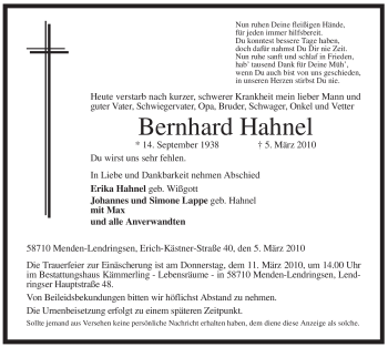 Todesanzeige von Bernhard Hahnel von WESTFÄLISCHER ANZEIGER