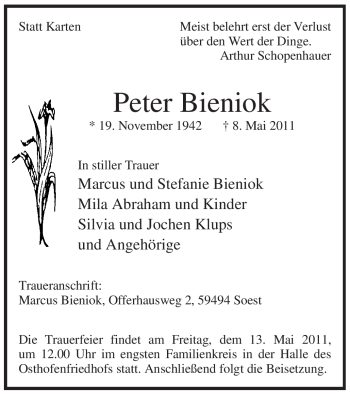Todesanzeige von Peter Bieniok von WESTFÄLISCHER ANZEIGER