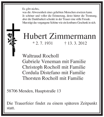 Todesanzeige von Hubert Zimmermann von WESTFÄLISCHER ANZEIGER