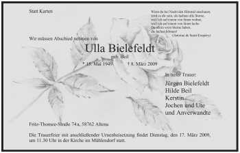 Todesanzeige von Ulla Bielefeldt von WESTFÄLISCHER ANZEIGER