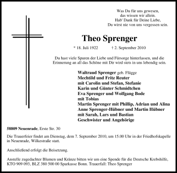 Todesanzeige von Theo Sprenger von WESTFÄLISCHER ANZEIGER