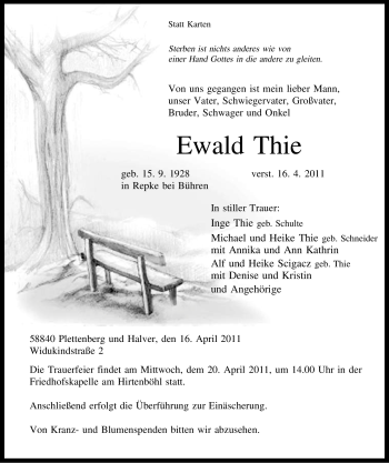 Todesanzeige von Ewald Thie von WESTFÄLISCHER ANZEIGER
