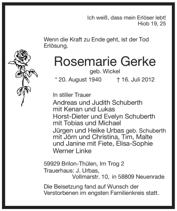 Todesanzeige von Rosemarie Gerke von WESTFÄLISCHER ANZEIGER