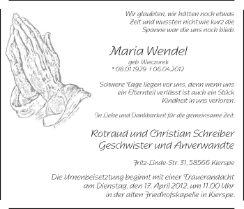 Todesanzeige von Maria Wendel von WESTFÄLISCHER ANZEIGER