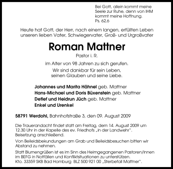 Todesanzeige von Roman Mattner von WESTFÄLISCHER ANZEIGER