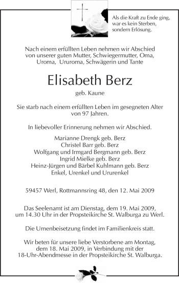 Todesanzeige von Elisabeth Berz von WESTFÄLISCHER ANZEIGER