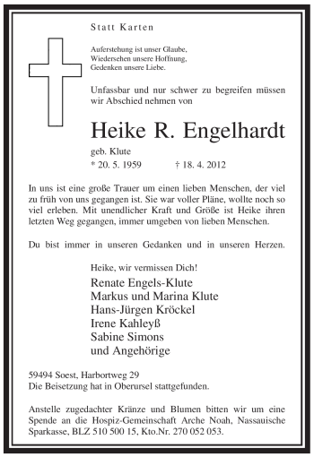 Todesanzeige von Heike R Engelhardt von WESTFÄLISCHER ANZEIGER