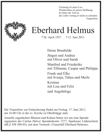 Todesanzeige von Eberhard Helmus von WESTFÄLISCHER ANZEIGER