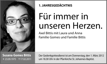 Todesanzeige von Susana Gomes Bittis von WESTFÄLISCHER ANZEIGER