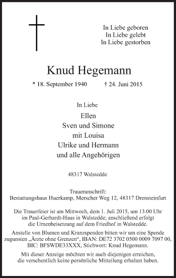 Todesanzeige von Knud Hegemann von MZV