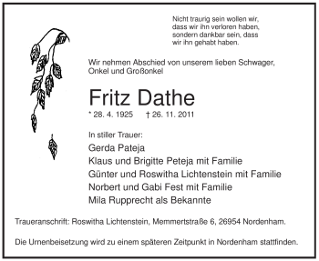 Todesanzeige von Fritz Dathe von WESTFÄLISCHER ANZEIGER