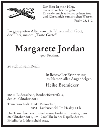 Todesanzeige von Margarete Jordan von WESTFÄLISCHER ANZEIGER