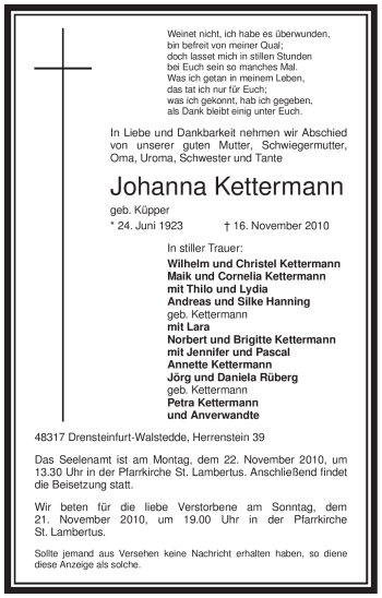 Todesanzeige von Johanna Kettermann von WESTFÄLISCHER ANZEIGER