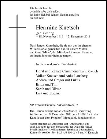 Todesanzeige von Hermine Knetsch von WESTFÄLISCHER ANZEIGER