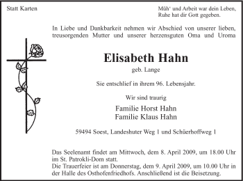 Todesanzeige von Elisabeth Hahn von WESTFÄLISCHER ANZEIGER