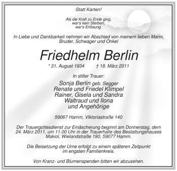 Todesanzeige von Friedhelm Berlin von WESTFÄLISCHER ANZEIGER