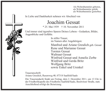 Todesanzeige von Joachim Gessat von WESTFÄLISCHER ANZEIGER