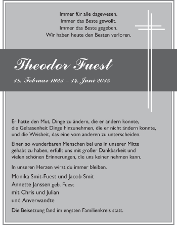 Todesanzeige von Theodor Fuest von MZV