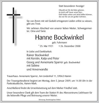 Todesanzeige von Hanne Bockwinkel von WESTFÄLISCHER ANZEIGER