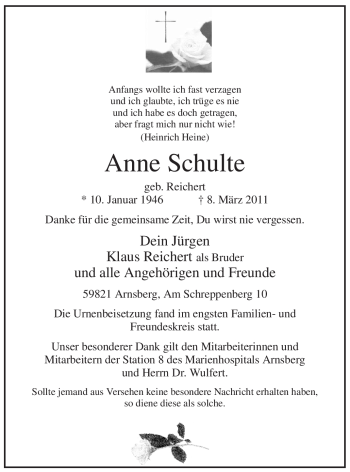 Todesanzeige von Anne Schulte von WESTFÄLISCHER ANZEIGER