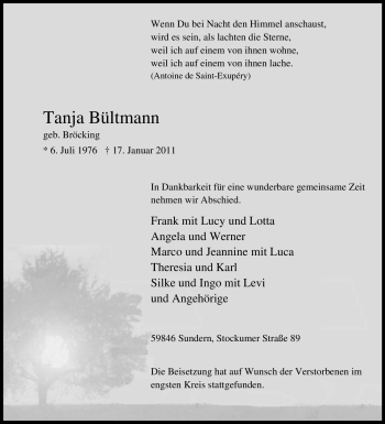 Todesanzeige von Tanja Bültmann von WESTFÄLISCHER ANZEIGER