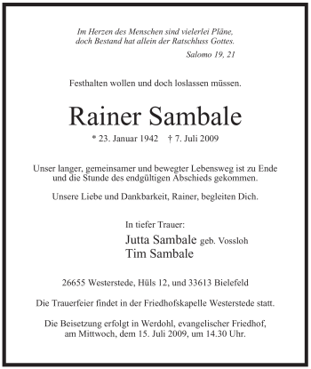 Todesanzeige von Rainer Sambale von WESTFÄLISCHER ANZEIGER