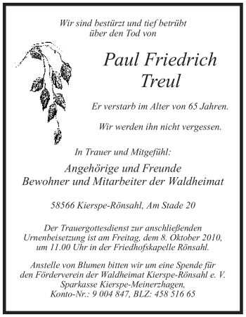 Todesanzeige von Paul Friedrich Treul von WESTFÄLISCHER ANZEIGER