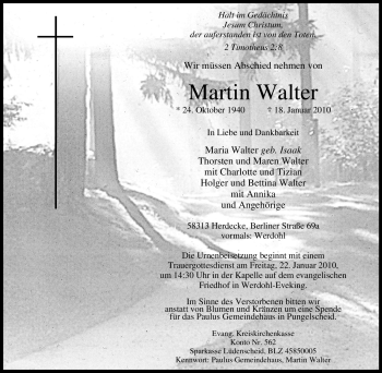 Todesanzeige von Martin Walter von WESTFÄLISCHER ANZEIGER