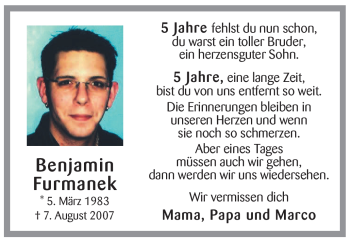 Todesanzeige von Benjamin Furmanek von WESTFÄLISCHER ANZEIGER