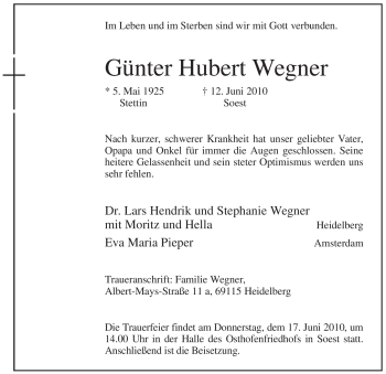 Todesanzeige von Günter Hubert Wegner von WESTFÄLISCHER ANZEIGER