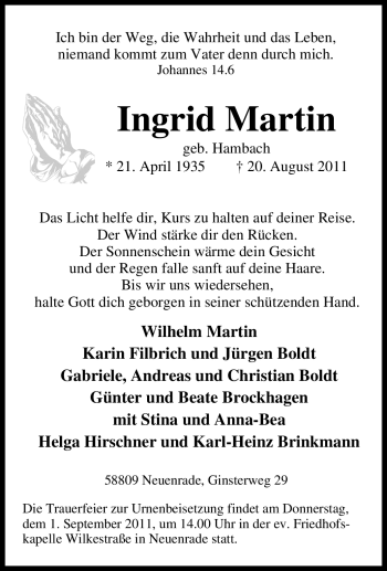 Todesanzeige von Ingrid Martin von WESTFÄLISCHER ANZEIGER