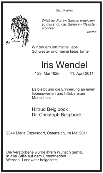 Todesanzeige von Iris Wendel von WESTFÄLISCHER ANZEIGER