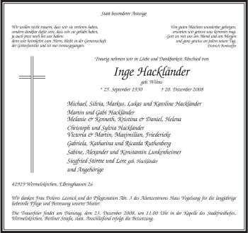 Todesanzeige von Inge Hackländer von WESTFÄLISCHER ANZEIGER