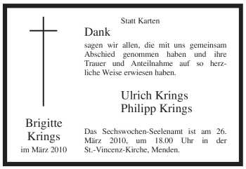 Todesanzeige von Brigitte Krings von WESTFÄLISCHER ANZEIGER
