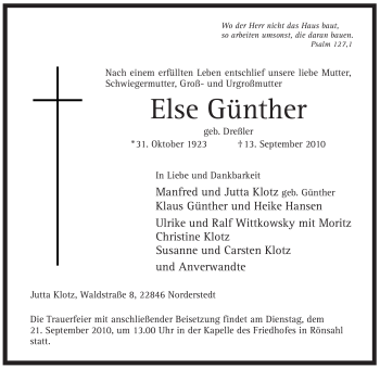 Todesanzeige von Else Günther von WESTFÄLISCHER ANZEIGER