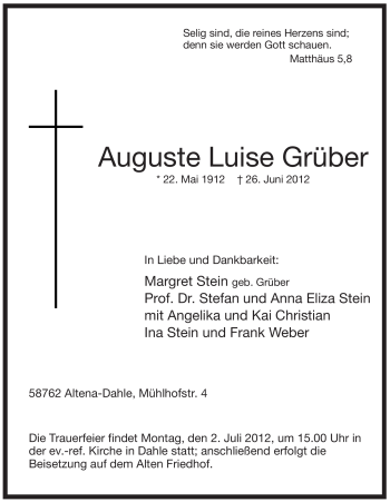 Todesanzeige von Auguste Luise Grüber von WESTFÄLISCHER ANZEIGER