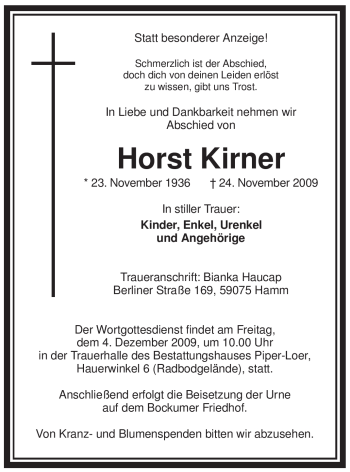 Todesanzeige von Horst Kirner von WESTFÄLISCHER ANZEIGER