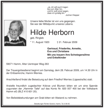 Todesanzeige von Hilde Herborn von WESTFÄLISCHER ANZEIGER