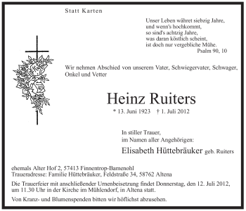 Todesanzeige von Heinz Ruiters von WESTFÄLISCHER ANZEIGER