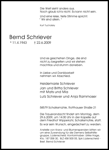 Todesanzeige von Bernd Schriever von WESTFÄLISCHER ANZEIGER