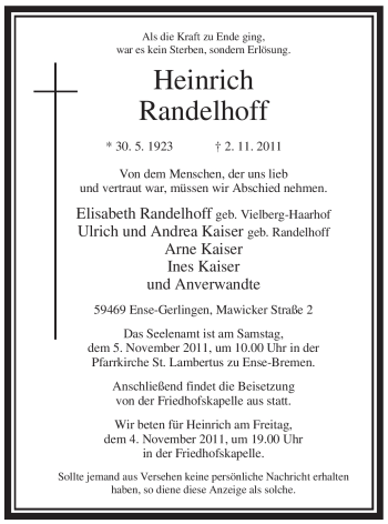 Todesanzeige von Heinrich Randelhoff von WESTFÄLISCHER ANZEIGER