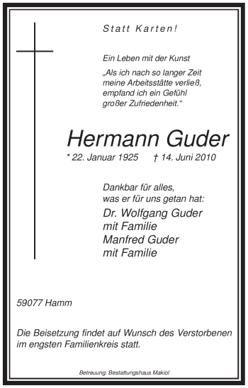 Todesanzeige von Hermann Guder von WESTFÄLISCHER ANZEIGER